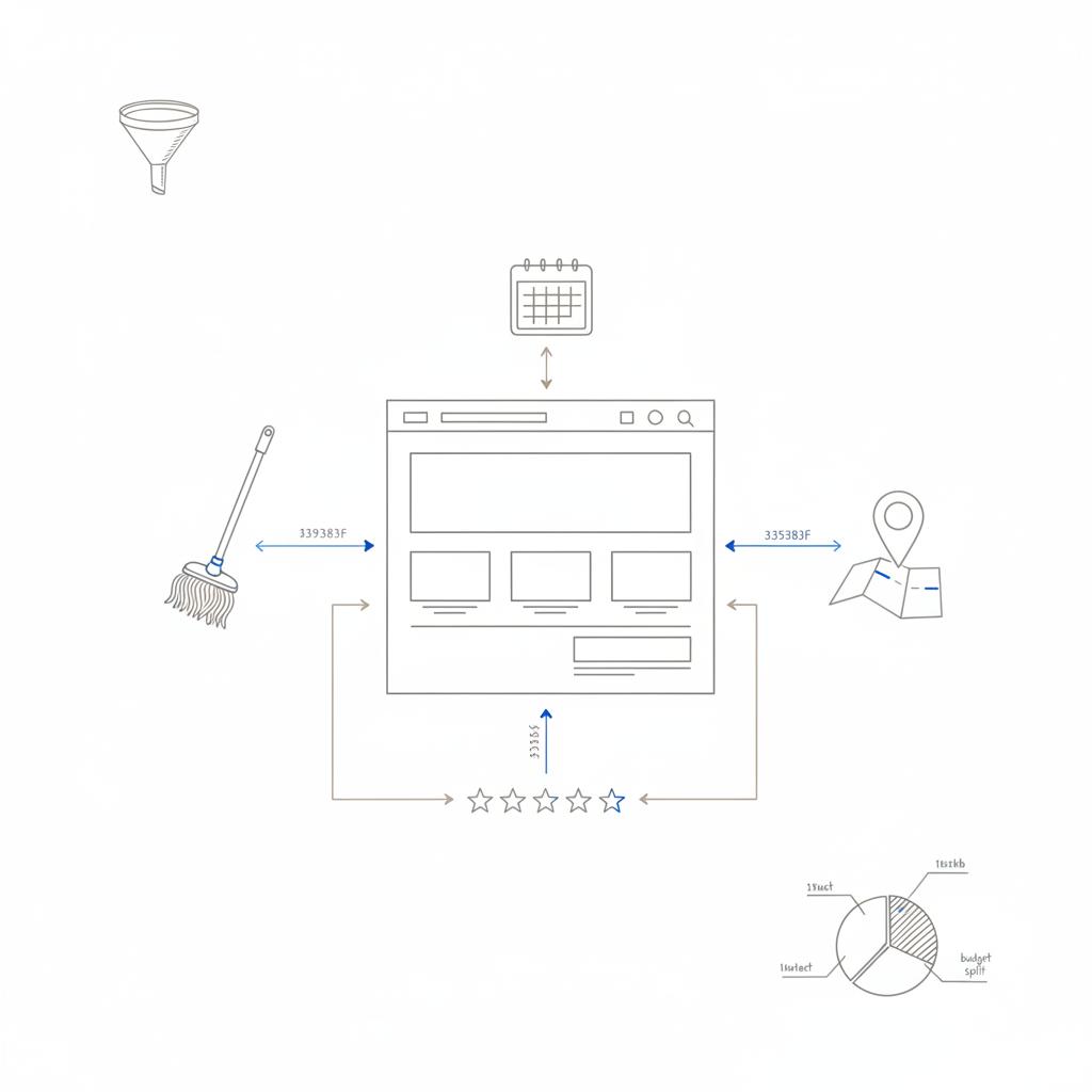 Flat-lay website planning sketch for a cleaning business showing wireframe with mop, calendar, map pin, and rating stars arranged around it with blue accents &mdash; best website builder for cleaning business