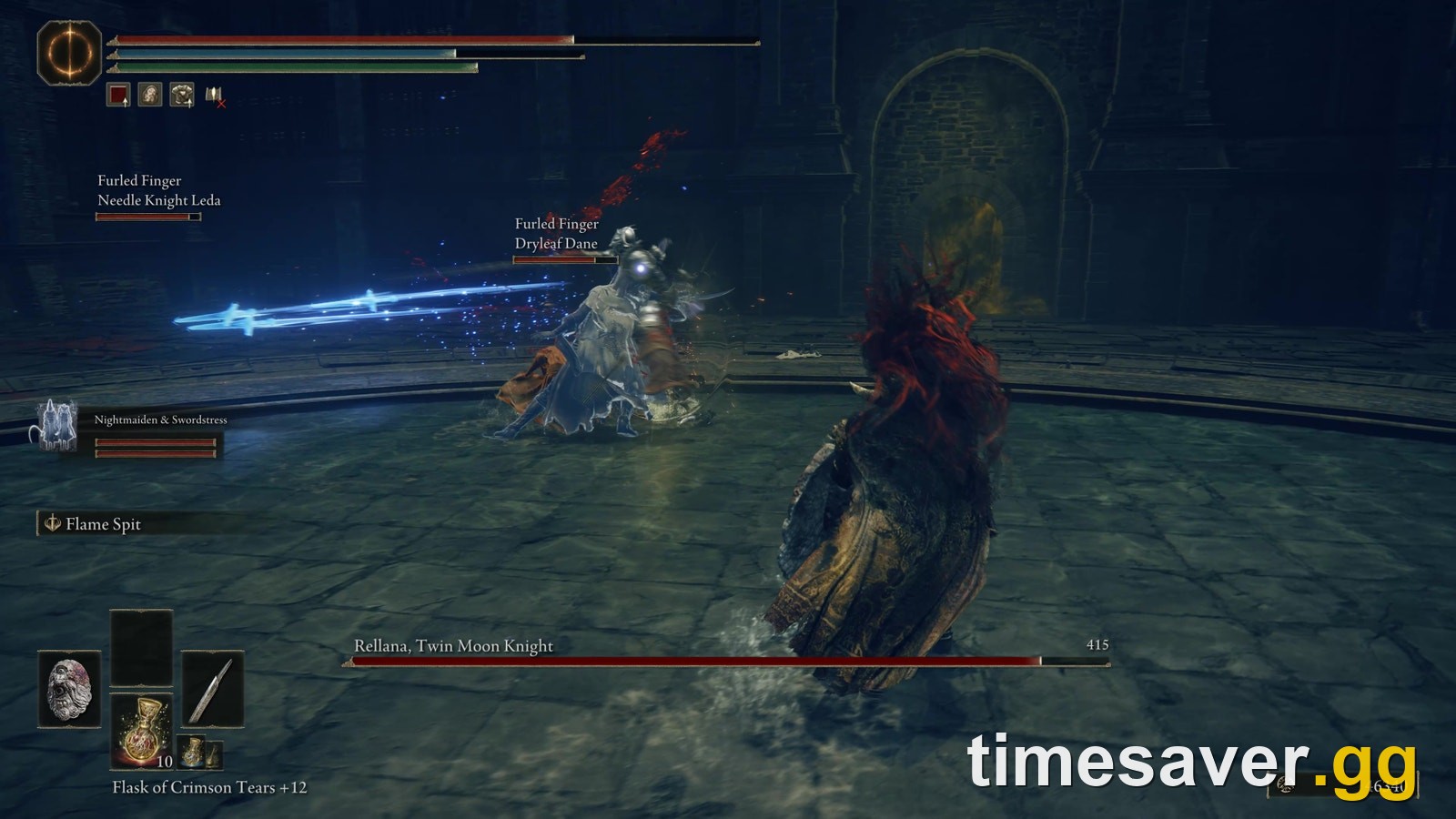 Rellana, Twin Moon Knight wielding her glowing dual blades in the Castle Ensis arena in Elden Ring: Shadow of the Erdtree
