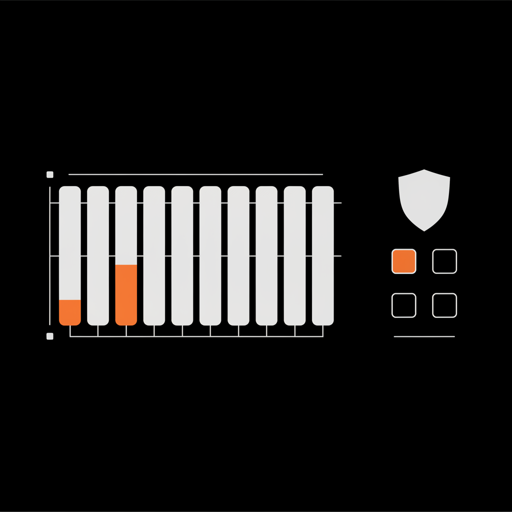 Minimal 2D vector dashboard infographic for instagram verification showing a 12-week tracking bar chart, shield icon and checklist in brand colors on black background