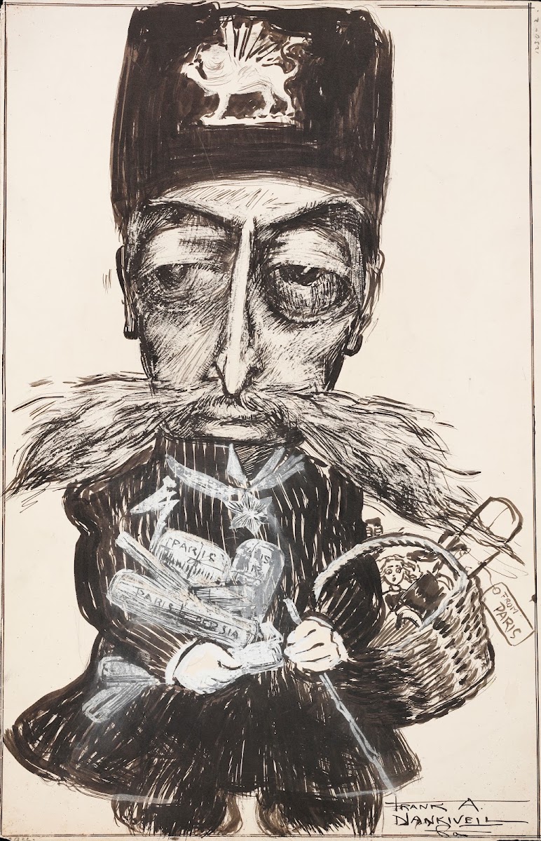 A man with a winged lion on his hat a very large mustache and an arm full of pac
