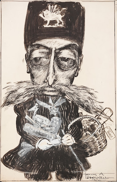 A man with a winged lion on his hat a very large mustache and an arm full of pac