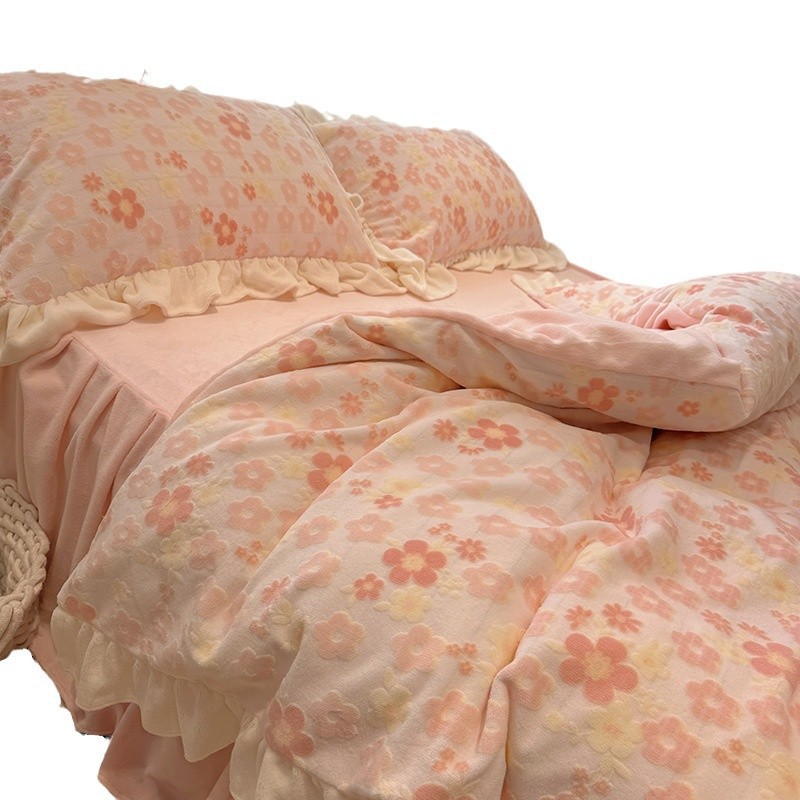 Milchfaser-Fleece Bettwäsche-Set, Blumenmuster, Winter