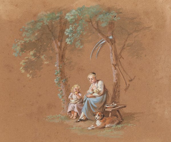 Bäuerin mit Kindern und Hund