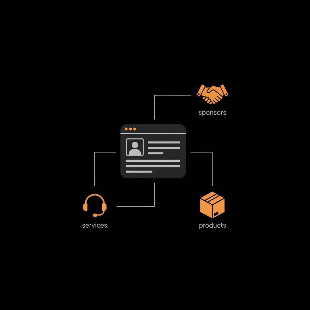 Minimalist infographic: a generic Facebook Page silhouette linked to three revenue icons (sponsors, products, services) in Social Success Hub colors to show how to monetize Facebook with 1000 followers.
