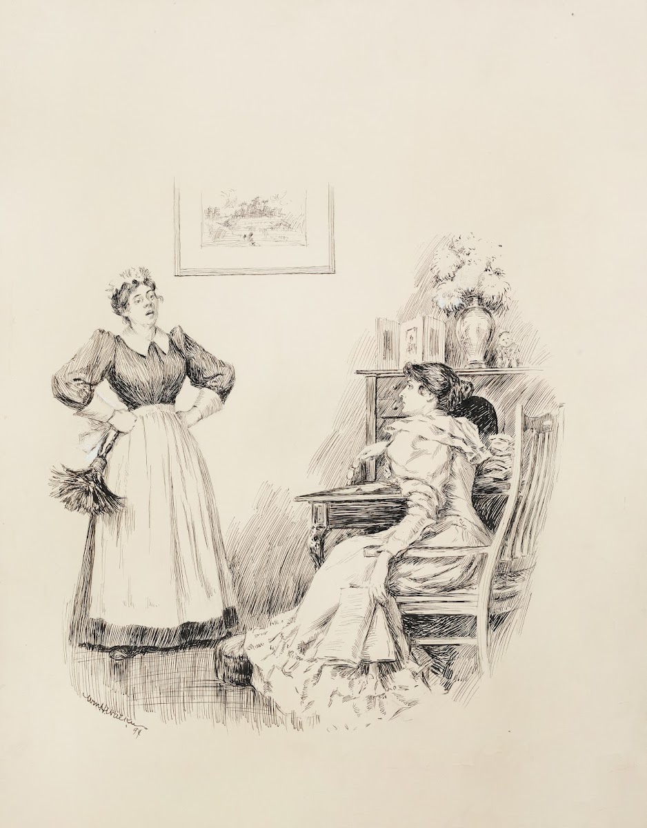 A woman at her desk talks with her maid 1895