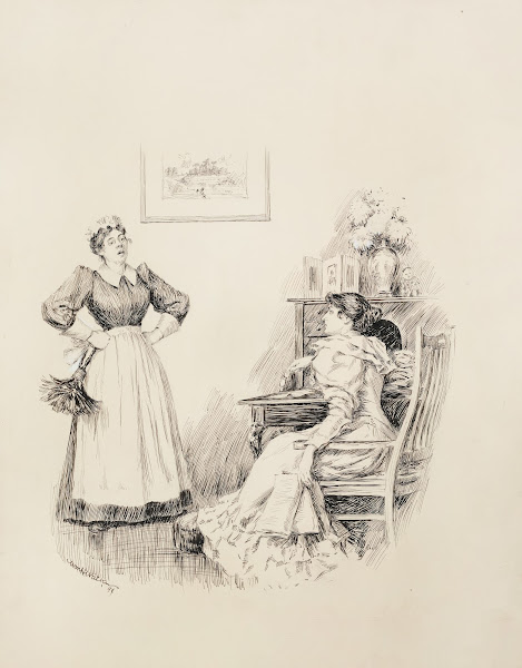A woman at her desk talks with her maid 1895