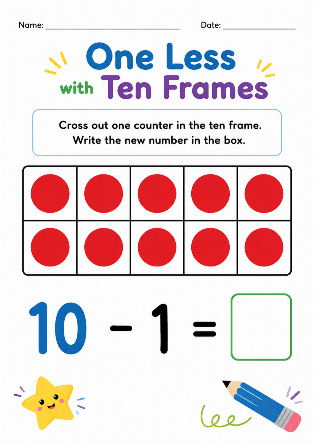 One Less with Ten Frames Worksheet