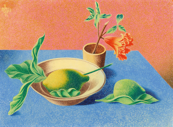 Stillleben mit Granatblüte und Zitronen 1933