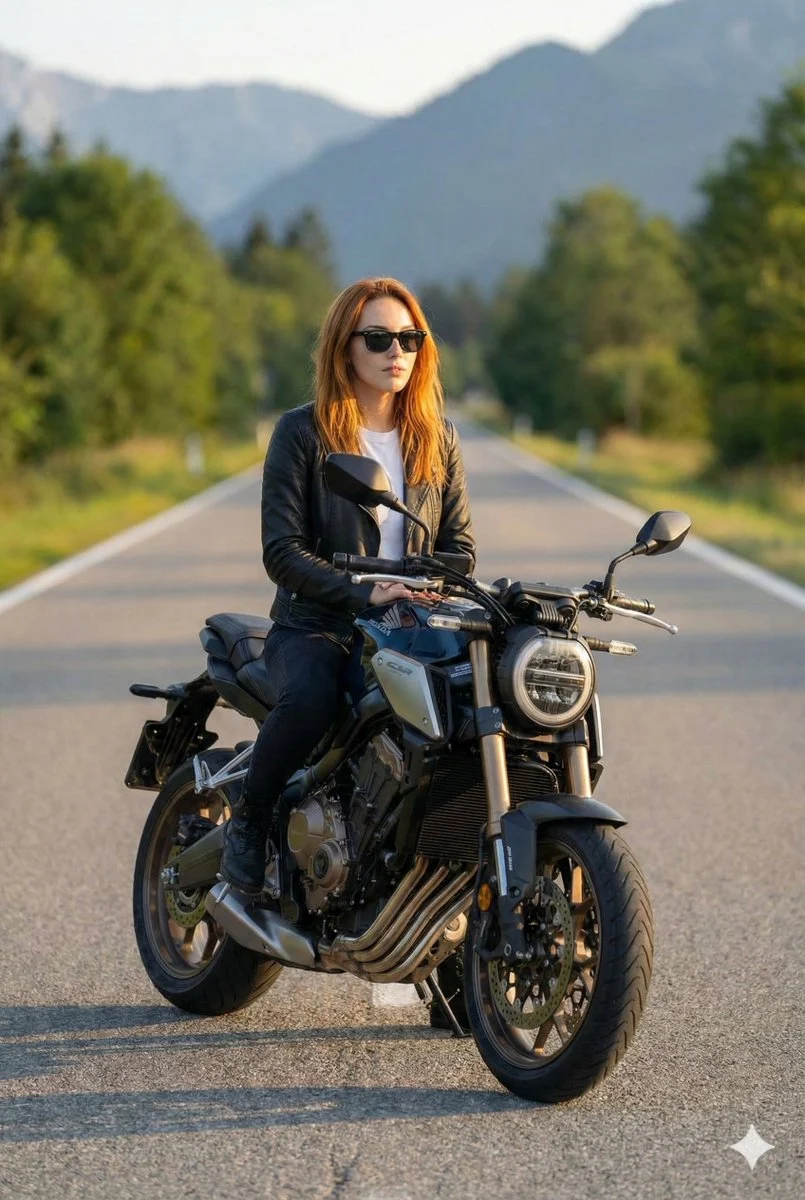 Hombre seguro de sí mismo en una motocicleta moderna: retrato cinematográfico.