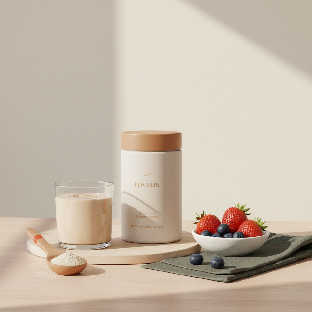 Minimalist kitchen scene with Tonum Motus container beside a clean protein powder shake, wooden scoop of powder and fresh berries on a soft beige #F2E5D5 background