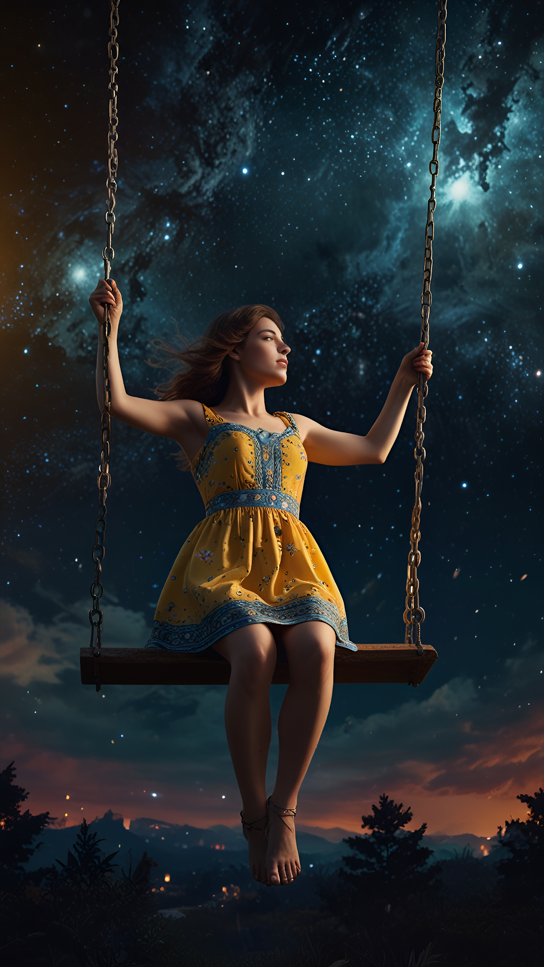 Woman on Swing Beneath Starry Galaxy Sky at Dusk - Free 4K mobile Wallpaper