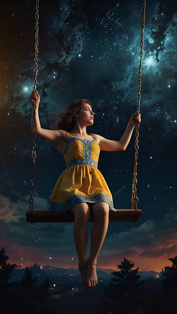 Woman on Swing Beneath Starry Galaxy Sky at Dusk - Free mobile Wallpaper