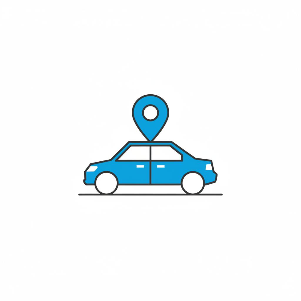 Minimalist 2D vector of a blue car silhouette with a location pin on a white background representing gmc car dealer near me