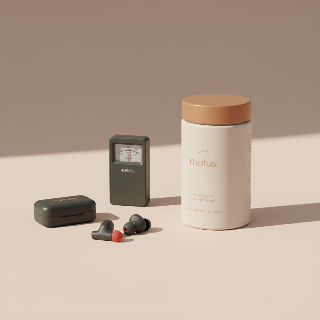 Tonum Motus bottle beside modern earplugs and a compact sound-level meter on a light beige background (#F2E5D5), minimalist health-focused scene for phentermine weight-loss content.