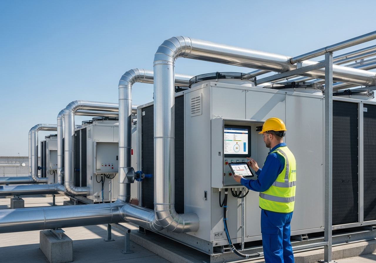 Teknisi melakukan maintenance pada Water Cooled Chiller Industri