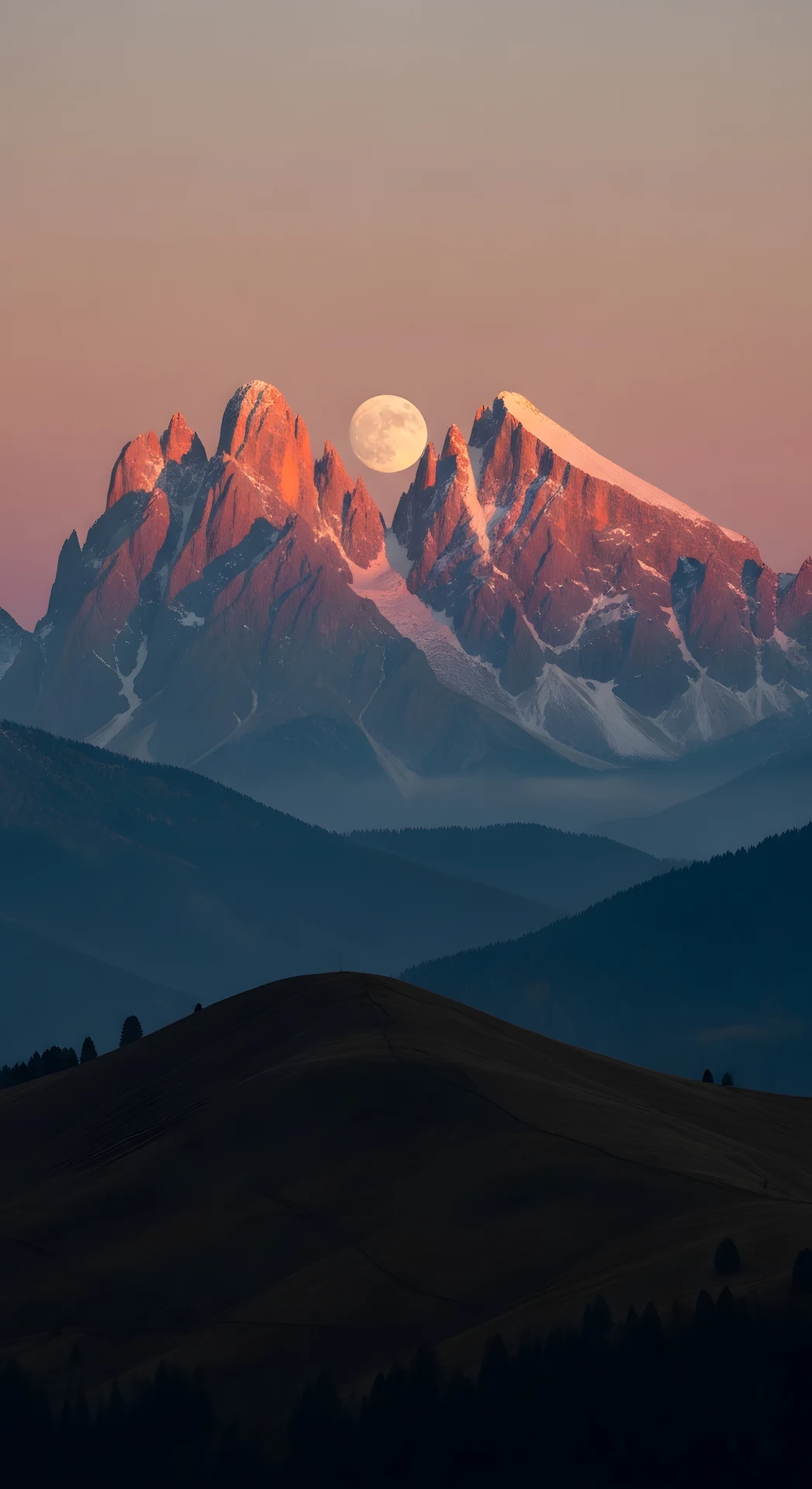 Layers of Snowy Mountains with Alpenglow and Moonrise at Dusk - Free 4K mobile Wallpaper