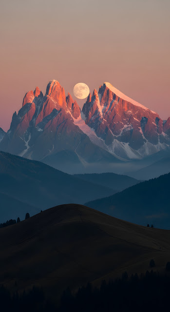 Layers of Snowy Mountains with Alpenglow and Moonrise at Dusk - Free mobile Wallpaper