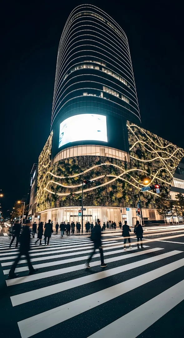 Modern Urban Building with Illuminated Green Facade at Night