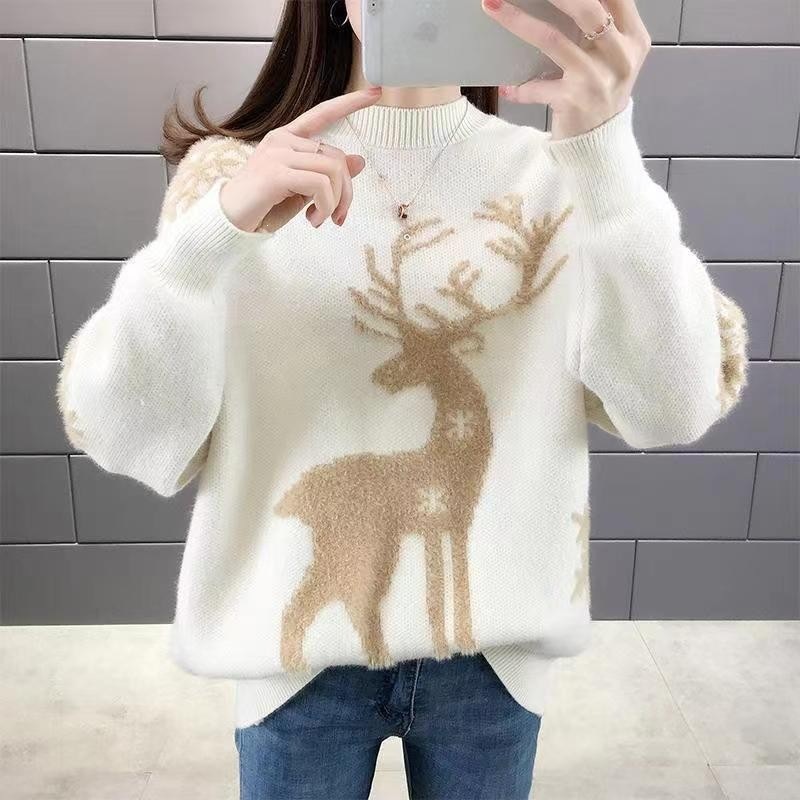 Christmas knitted sweater with reindeer motif, stand-up collar