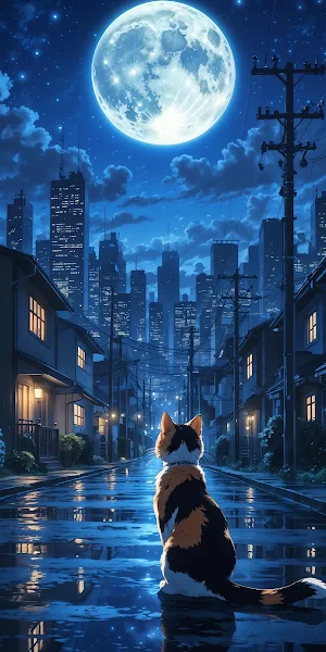 Nightscape, Calico Cat, Cityscape, Moonlight 2K iPhone Wallpaper Background