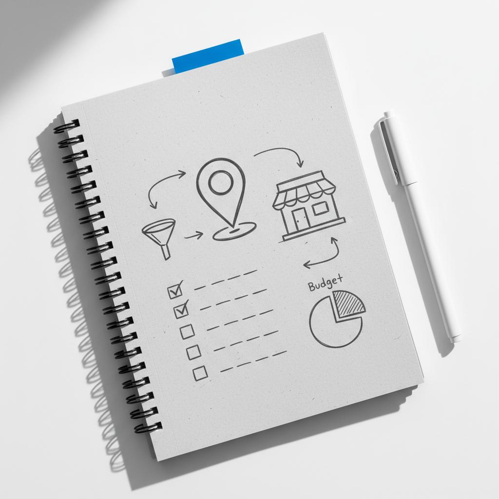 Close-up flat-lay notepad with hand-drawn Google Maps pin, storefront icon and checklist sketches for Google Business Profile setup on a white background, minimalist layout.