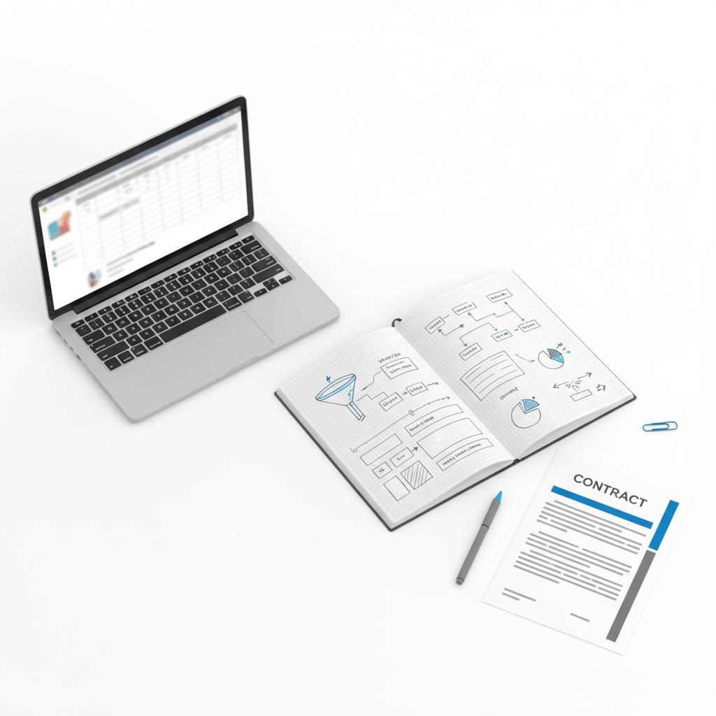 Minimalist overhead vector workspace with laptop showing blurred spreadsheet, printed contract with highlighted clauses, notebook of hand-drawn marketing sketches and a blue accent object &mdash; buying leads