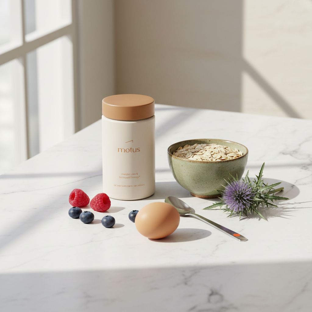 Motus supplement bottle on marble countertop with oats, milk thistle, egg and berries — minimalist health still life for best appetite suppressant.