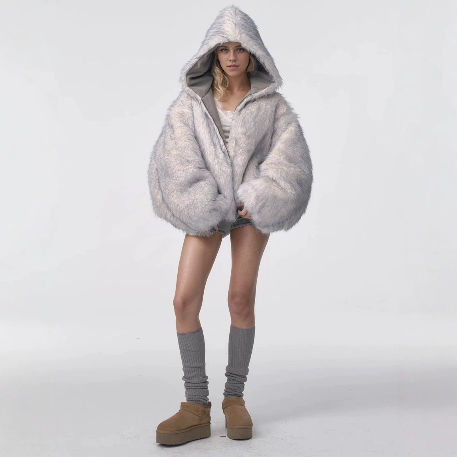 Wendbare Kapuzenjacke aus Wildlederimitat und Kunstfell