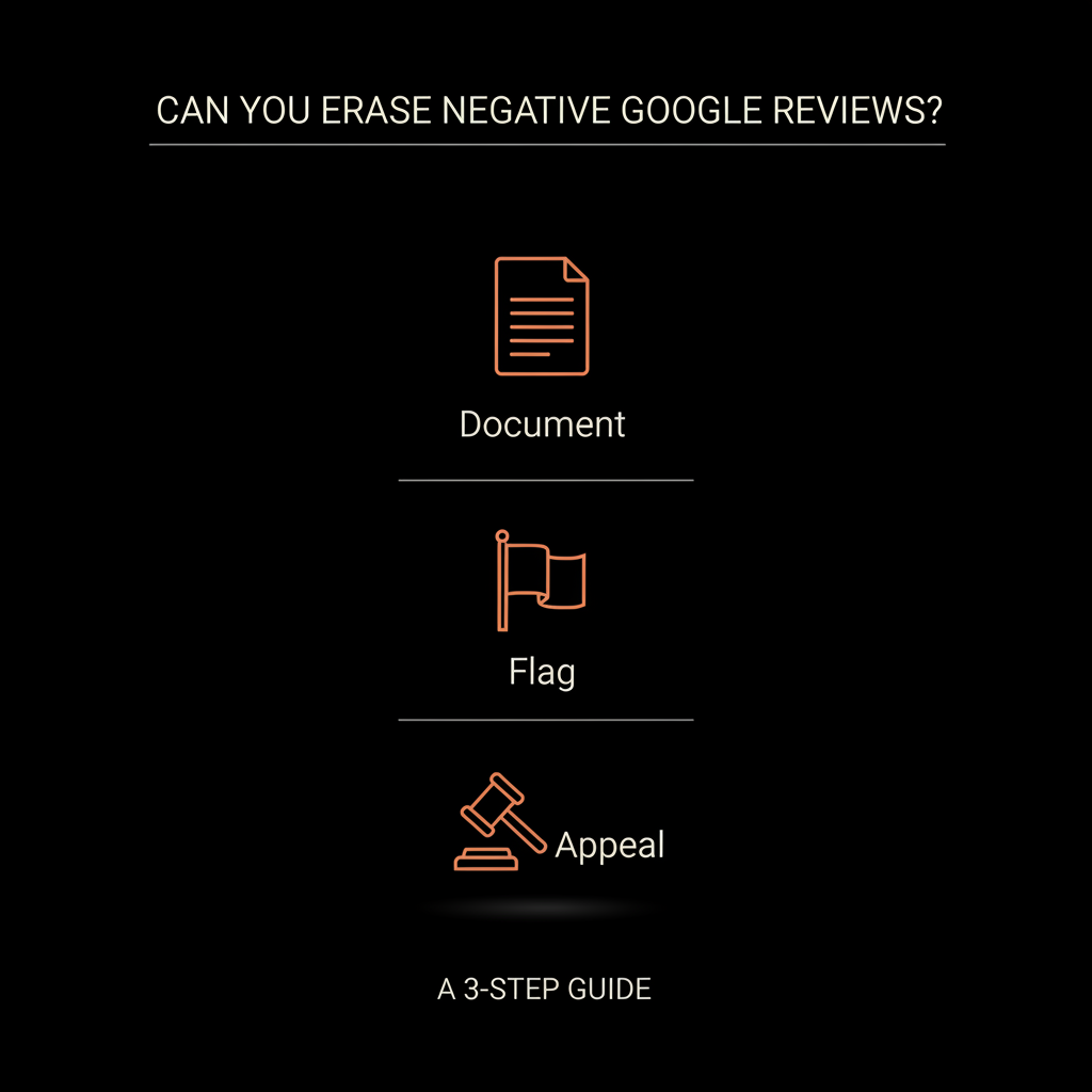 can you erase negative Google reviews - minimalist full-frame vector infographic showing three steps: Document, Flag, Appeal on black background with light text and orange-accent icons