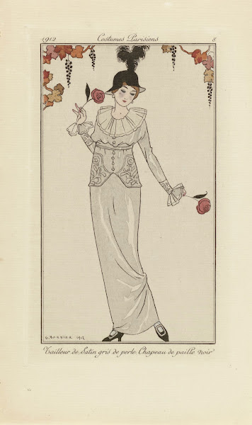 Tailleur de Satin gris de perle Chapeau de paille noir 1912