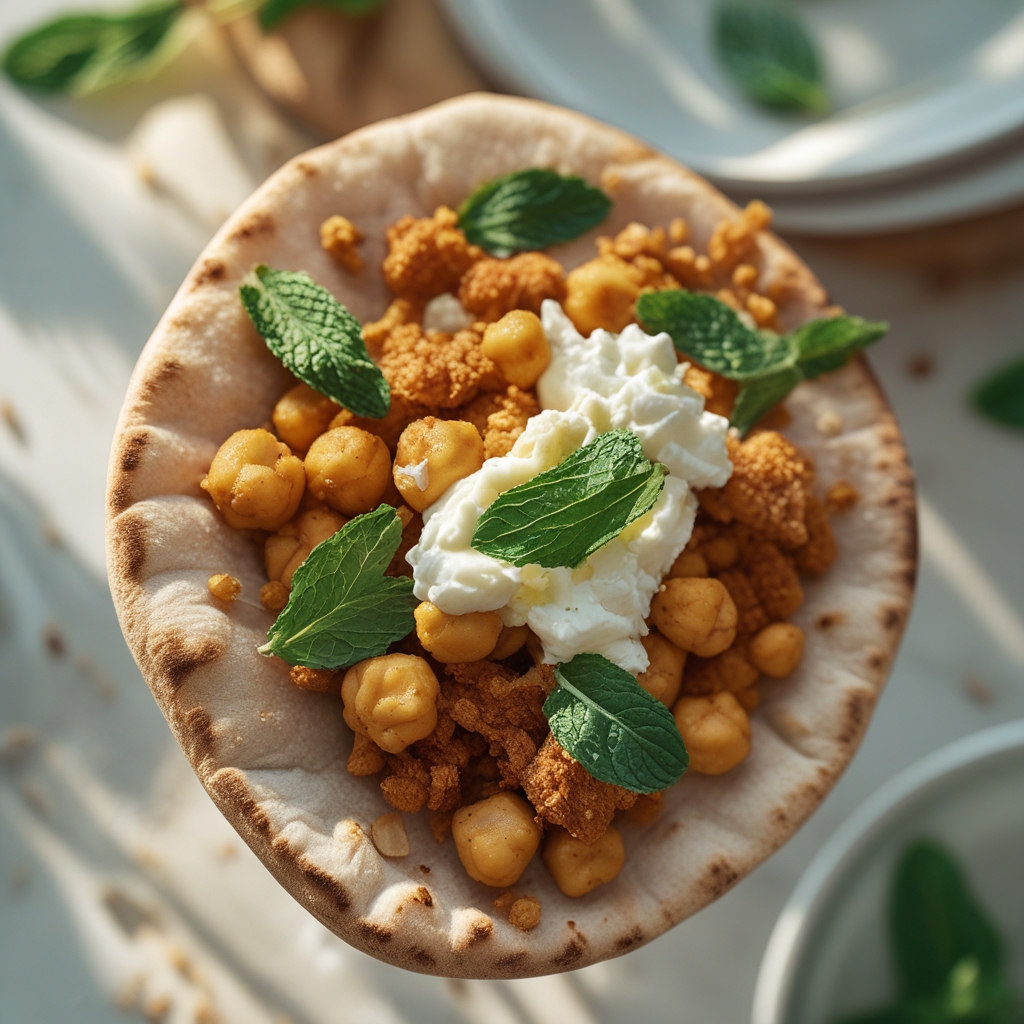 Moroccan Ras el Hanout Chicken & Crispy Chickpea Power Pitas with Whipped Honey-Feta