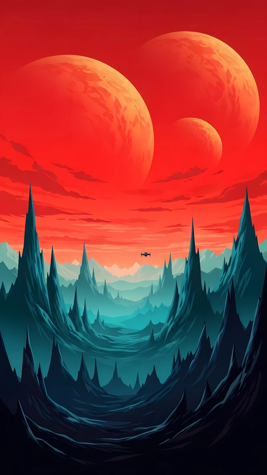 Vibrant Red and Teal Futuristic Mars Landscape with Planets and a Small Spaceship - Free 4K mobile Wallpaper