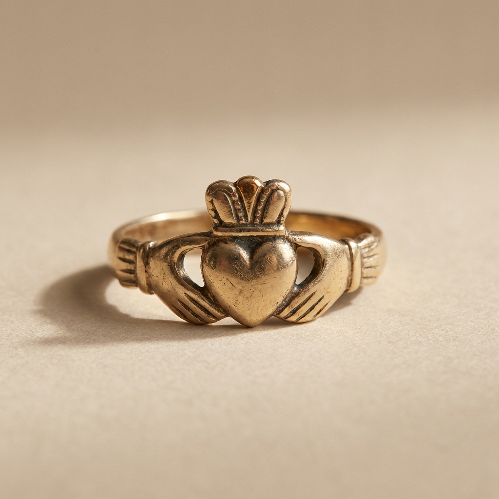 Macro close up of an ancient christian ring Claddagh showing heart hands and crown with aged gold patina and surface wear on warm beige background ede7da minimal minimalist composition