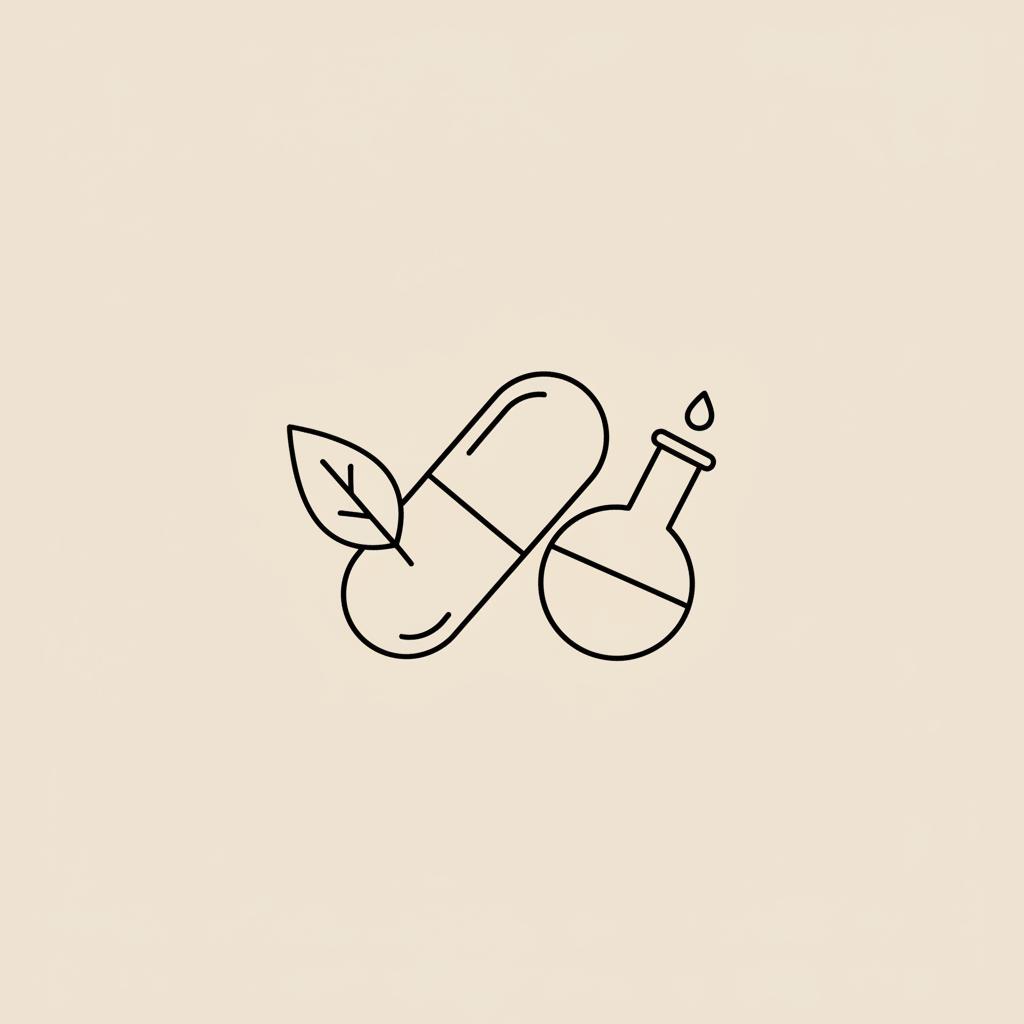 Minimal Tonum-style line illustration of capsule, leaf and lab flask on beige background representing alpha lipoic acid side effects in a clean 2D vector icon