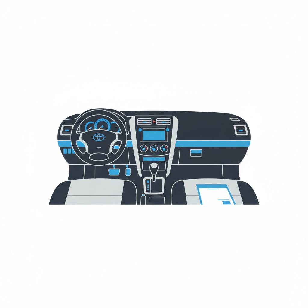 Vector interior dash shot of a used Toyota with clean cabin white background blue accents 3666ed folded service receipt folder on the passenger seat emphasizing Toyota resale value