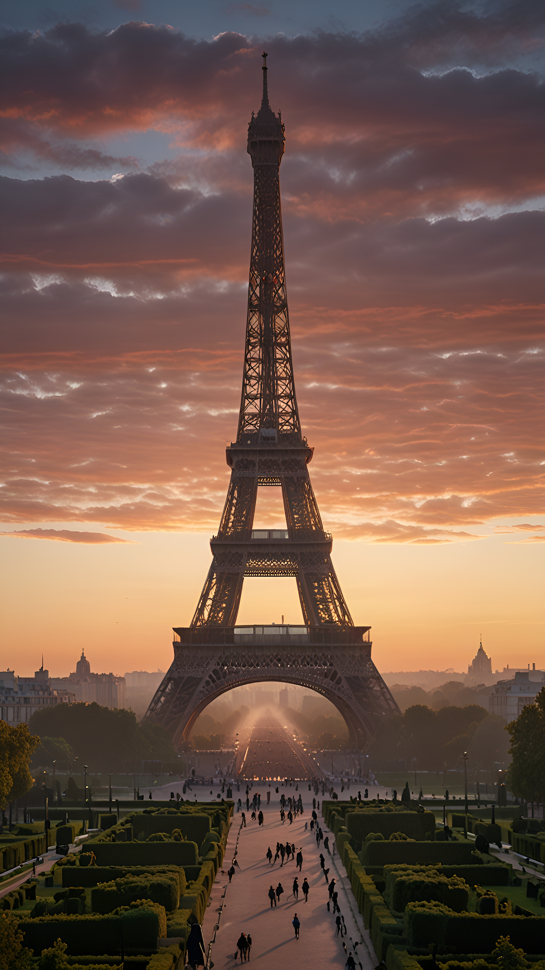 Eiffel Tower at Sunset with Golden Sky and Garden Path - Free 4K mobile Wallpaper
