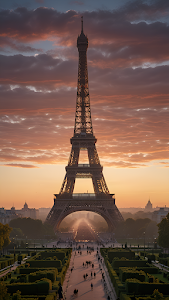 Eiffel Tower at Sunset with Golden Sky and Garden Path