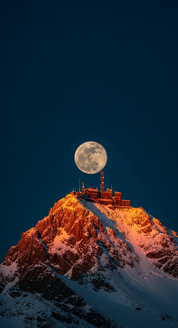 Dramatic Sunset View of Snowy Mountain Peak and Telephoto Moon - Free mobile Wallpaper