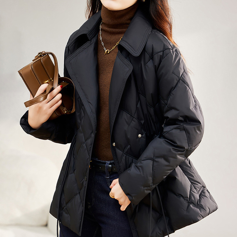 Elegant down jacket with lapel collar and embroidery