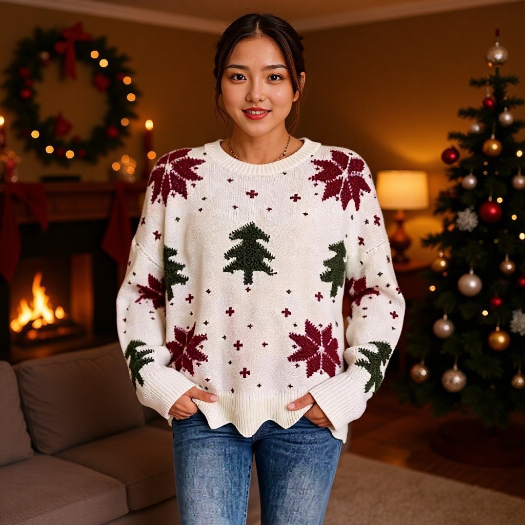 Women's knitted sweater with round neckline and floral pattern