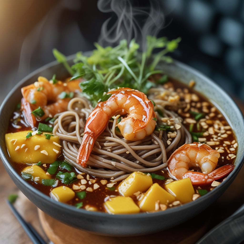 Final Spicy Mango Peanut Shrimp Soba Noodle Bowl with Edamame