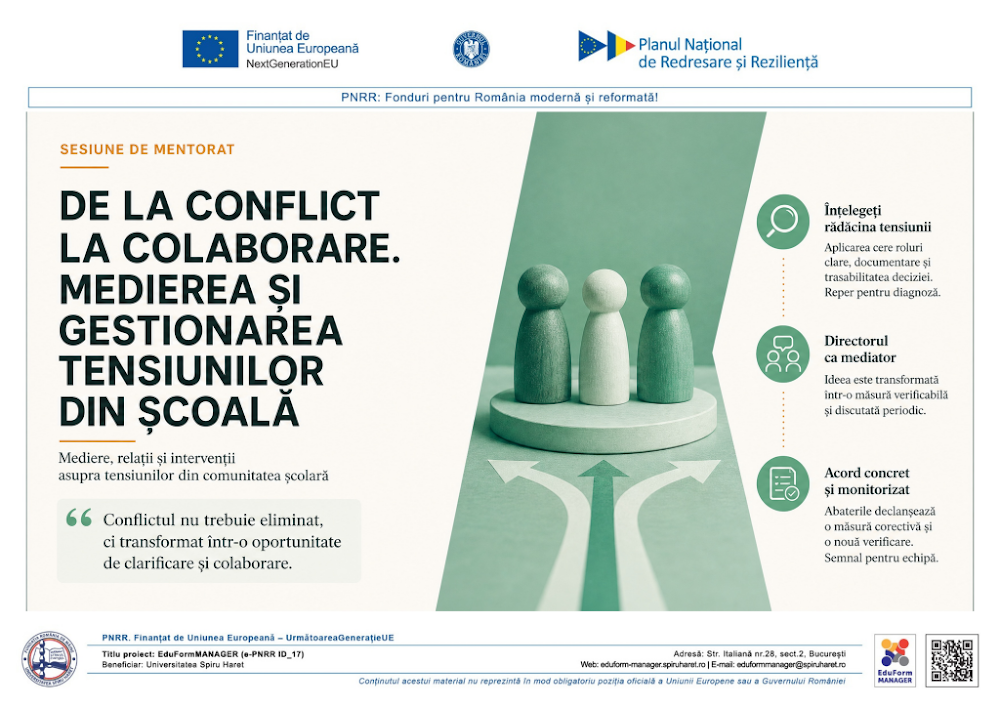 Coperta ghidului DE LA CONFLICT LA COLABORARE. MEDIEREA ȘI GESTIONAREA TENSIUNILOR DIN ȘCOALĂ
