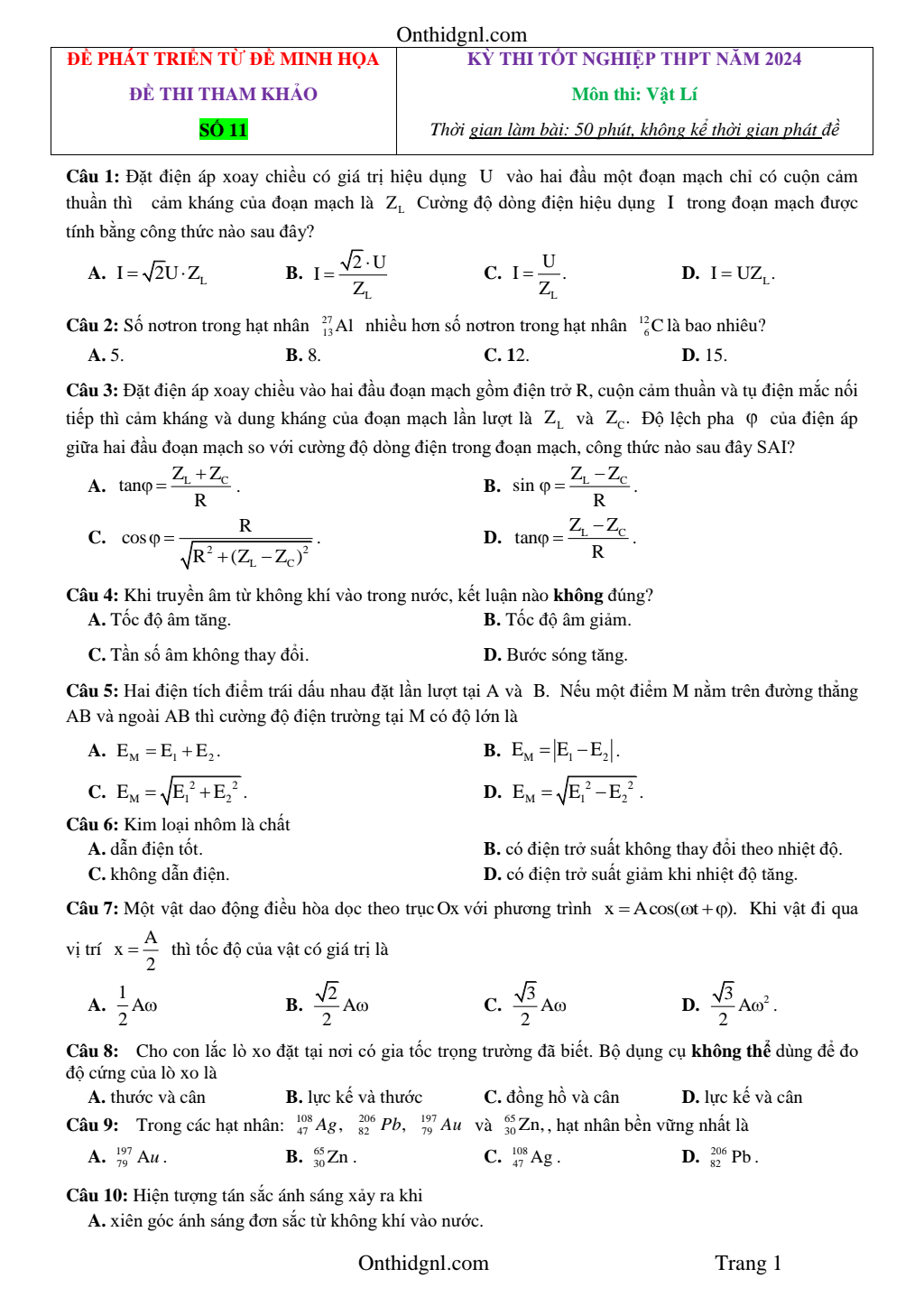 Đề Ôn Thi Tốt Nghiệp 2024 Vật Lý Bám Sát Đề Minh Họa Giải Chi Tiết Đề 11 pdf