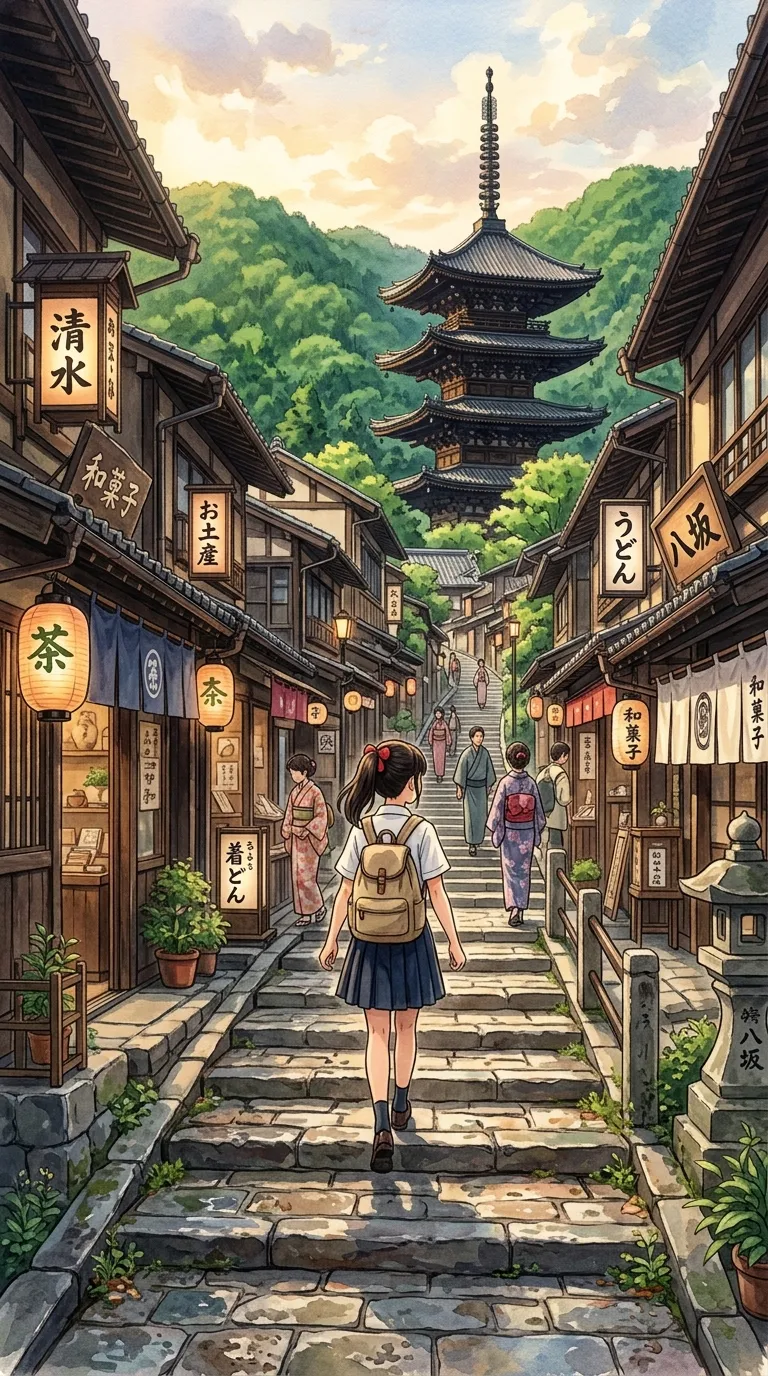 Anime Style Illustration of a Girl Walking Up a Stone Street in Kyoto - Free 4K mobile Wallpaper