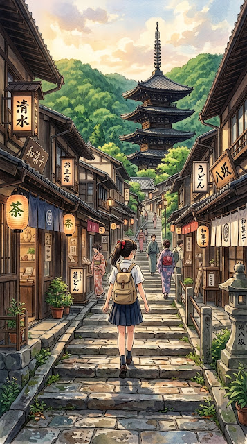 Anime Style Illustration of a Girl Walking Up a Stone Street in Kyoto - Free mobile Wallpaper