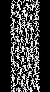 Busy Seamless Pattern of White Stick Figures Dancing and Waving on Black