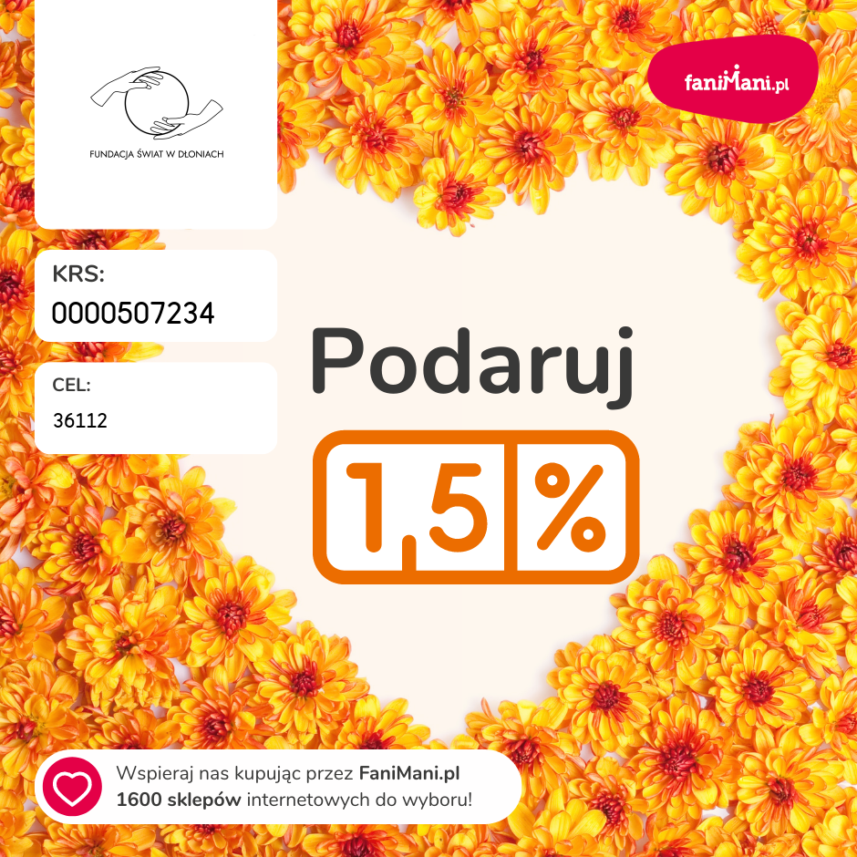 Grafika z hasłem "Podaruj 1,5%" oraz logotypami Fundacji Świat w Dłoniach oraz FaniMani.pl. Pod logotypem nr KRS 0000507234 oraz CEL  szczegółowy "36112"