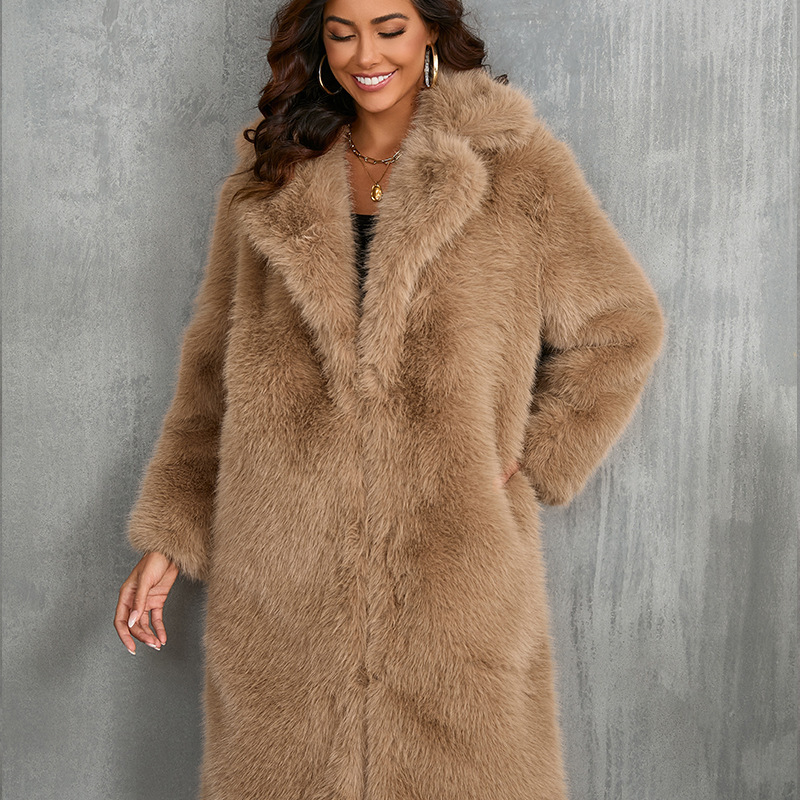 Long Faux Fur Jacket with Lapel Collar