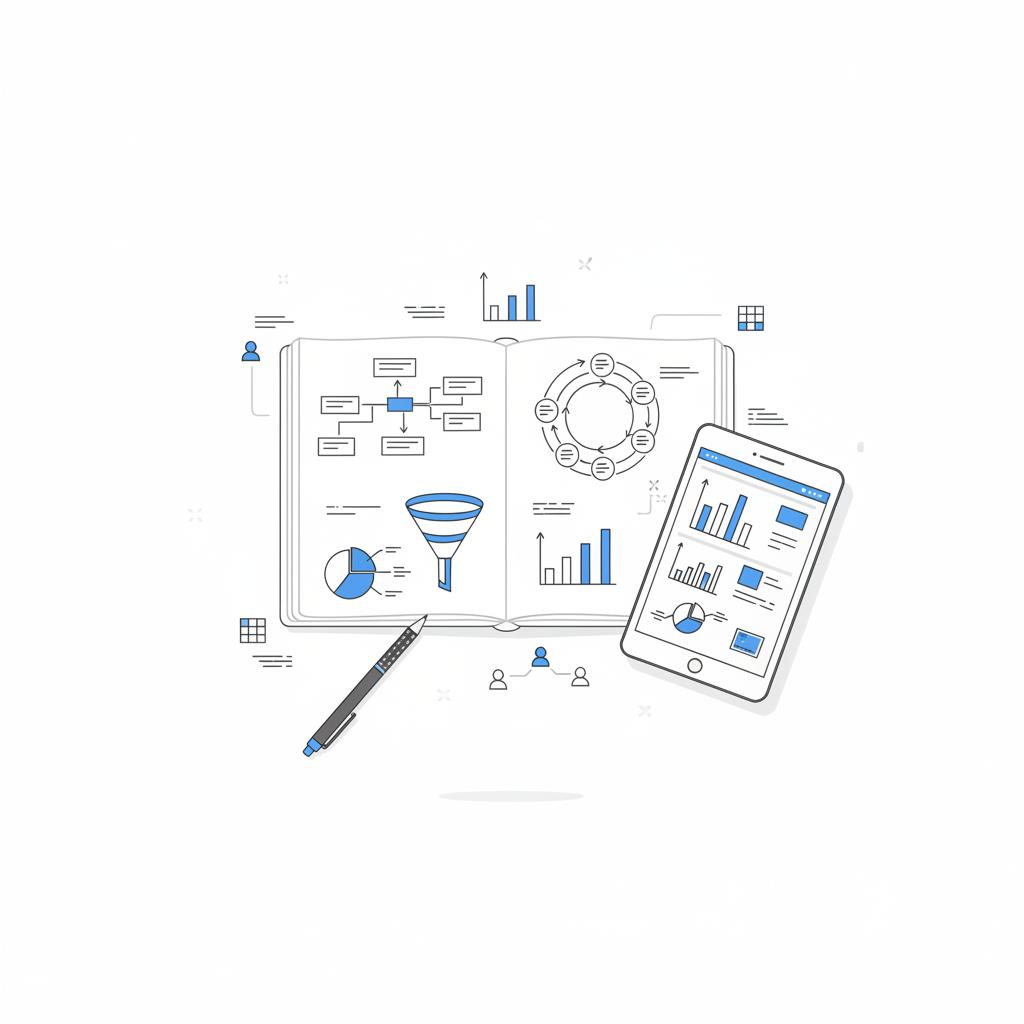 Minimalist vector desk scene with a notepad of layered funnel sketches and a tablet mock ad dashboard illustrating concepts for is CPA pay per click strategy.