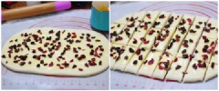 Tiếp đó phết một lớp bơ sữa lên trên mặt rồi rải nam việt quất khô xắt nhỏ cho phủ hết bề mặt bánh . Cắt bột thành chữ nhật nhỏ với chiều dài bằng chiều rộng khuôn. Chồng từng lớp bột lên nhau, cho bột bánh vào khuôn đã có thoa một chút đi bơ chống dính.